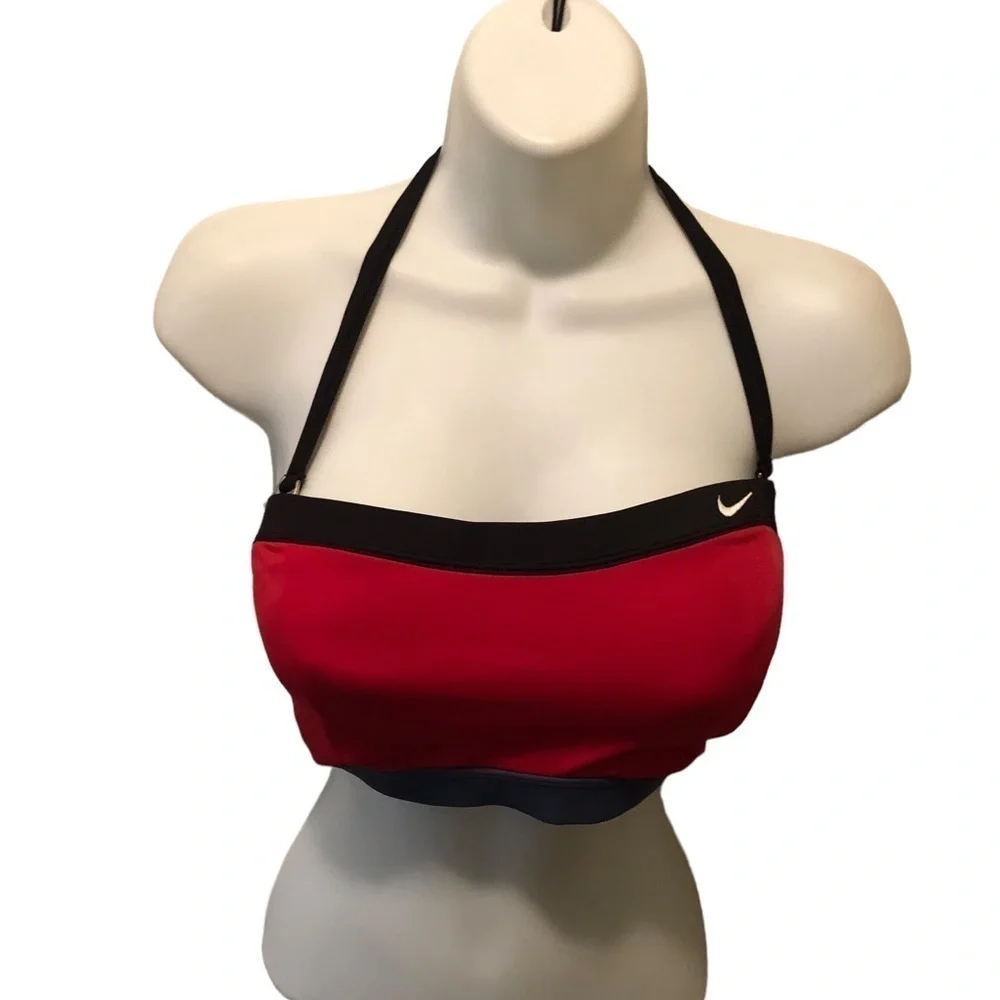 Nike Swim Bandeau Top Sz. 10 Built in Bra Red Navy Swoosh Logo Summer Pool Beach
